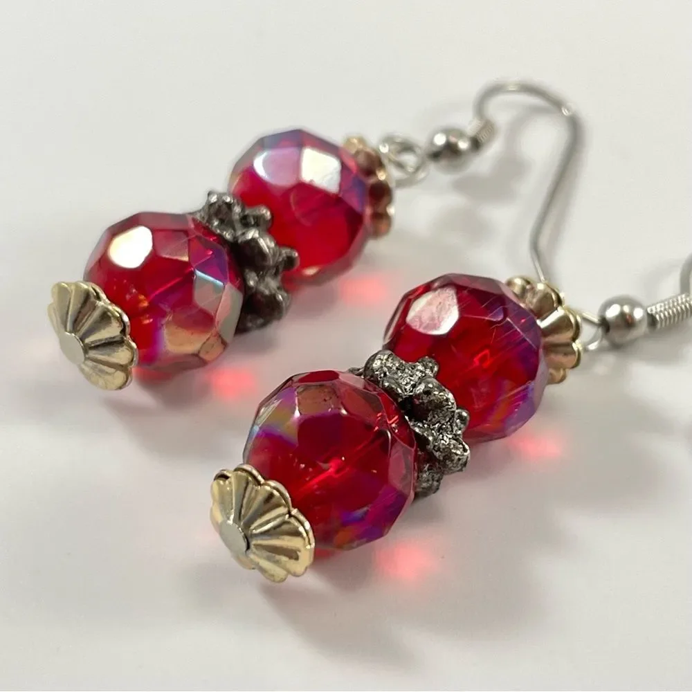 Red Glass Beaded Dangle Earrings 2” Faceted Silver Tone Elegant Sparkle